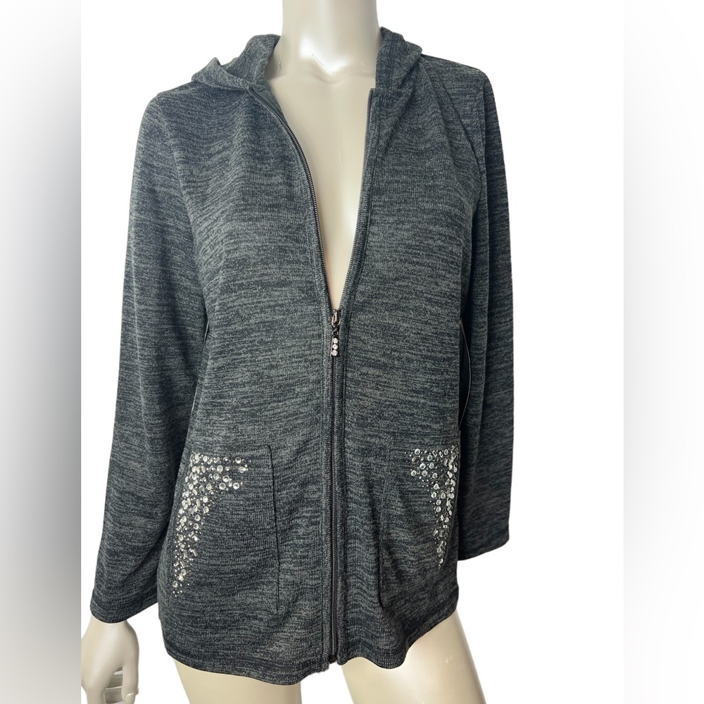On Que Casuals Charcoal Heather Gray Zip up Hoodie with Rhinestone front pockets